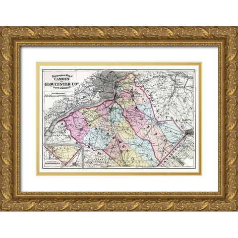 Camden  Gloucester New Jersey - Beers 1872 Gold Ornate Wood Framed Art Print with Double Matting by Beers