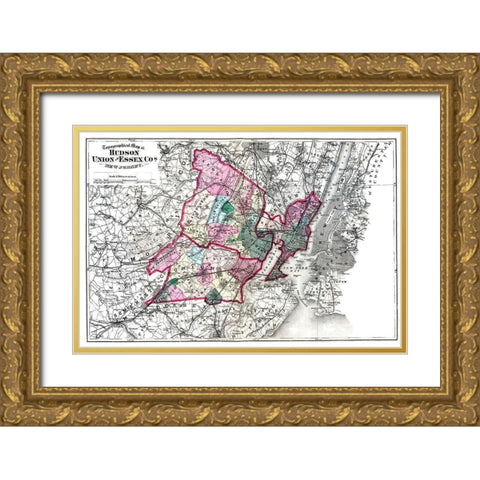 Hudson  Union  Essex New Jersey - Beers 1872 Gold Ornate Wood Framed Art Print with Double Matting by Beers