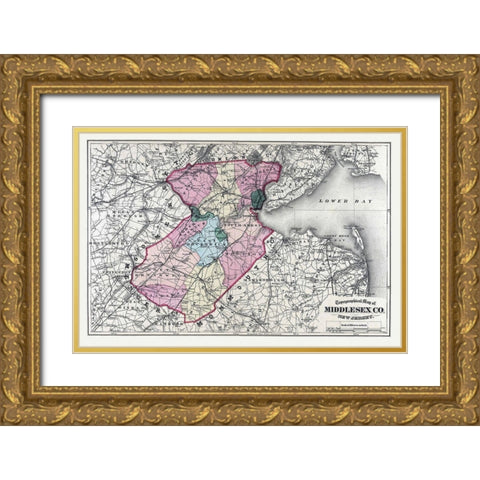 Middlesex New Jersey - Beers 1872 Gold Ornate Wood Framed Art Print with Double Matting by Beers