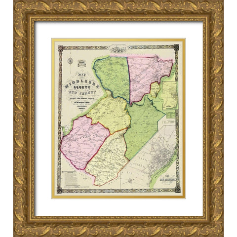 Middlesex New Jersey Landowner - Derveer 1850 Gold Ornate Wood Framed Art Print with Double Matting by Derveer