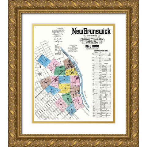 New Brunswick New Jersey - Sanborn 1886 Gold Ornate Wood Framed Art Print with Double Matting by Sanborn