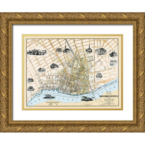 New Brunswick New Jersey Landowner - Clark 1850 Gold Ornate Wood Framed Art Print with Double Matting by Clark