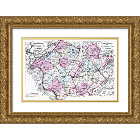 Somerset  Hunterdon New Jersey - Beers 1872 Gold Ornate Wood Framed Art Print with Double Matting by Beers