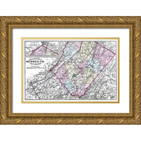 Sussex New Jersey - Beers 1872 Gold Ornate Wood Framed Art Print with Double Matting by Beers
