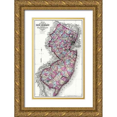 New Jersey - Beers 1872 Gold Ornate Wood Framed Art Print with Double Matting by Beers