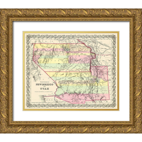 New Mexico, Utah Territories - Colton 1856 Gold Ornate Wood Framed Art Print with Double Matting by Colton