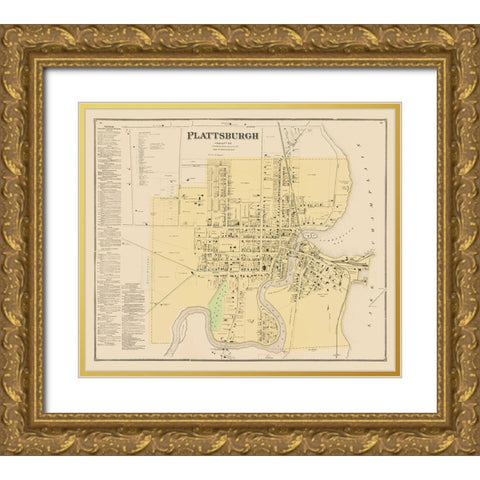 Plattsburgh New York - Beers 1869 Gold Ornate Wood Framed Art Print with Double Matting by Beers
