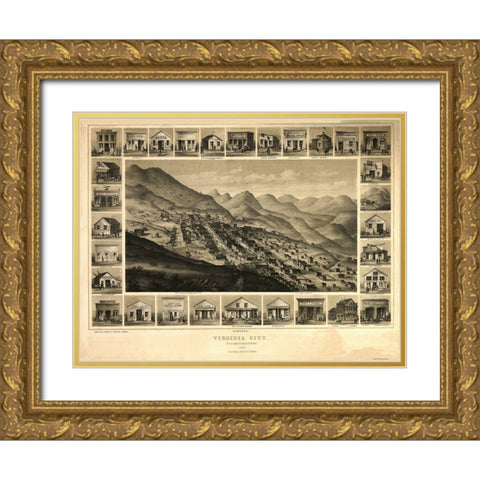Virginia City Nevada - Kuchel 1861 Gold Ornate Wood Framed Art Print with Double Matting by Kuchel