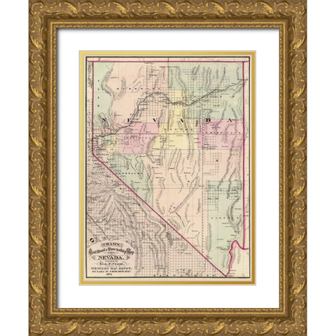 Nevada Railroads and Townships - Cram 1875 Gold Ornate Wood Framed Art Print with Double Matting by Cram