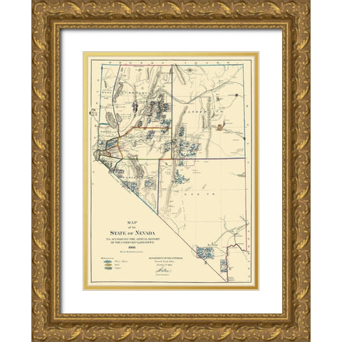 Mining Nevada - General Land Office 1866 Gold Ornate Wood Framed Art Print with Double Matting by General Land Office
