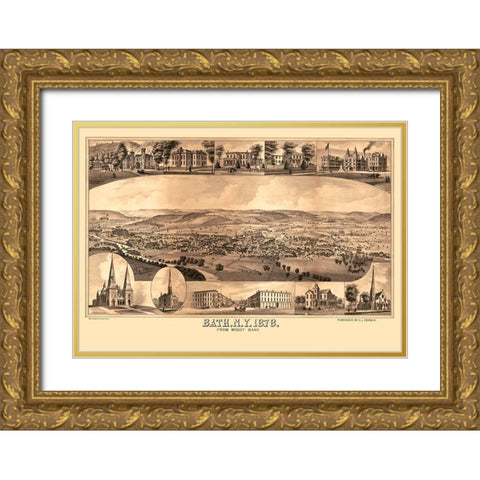 Bath New York - Corbin 1878  Gold Ornate Wood Framed Art Print with Double Matting by Corbin