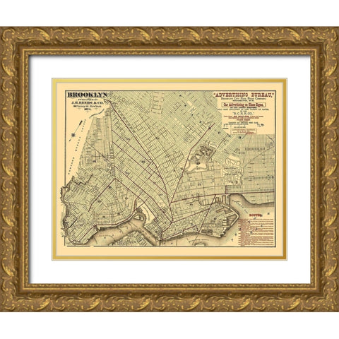 Brooklyn City Railroad Co - Beers 1874 Gold Ornate Wood Framed Art Print with Double Matting by Beers