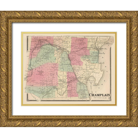 Champlain New York Landowner - Beers 1869 Gold Ornate Wood Framed Art Print with Double Matting by Beers