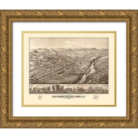 Canajoharie Palatine Bridge New York -1881 Gold Ornate Wood Framed Art Print with Double Matting by Unknown