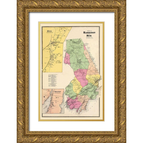 Harrison, Rye New York Landowner - Beers 1868 Gold Ornate Wood Framed Art Print with Double Matting by Beers