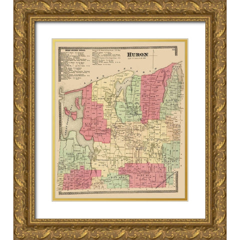 Huron New York Landowner - Beers 1874 Gold Ornate Wood Framed Art Print with Double Matting by Beers