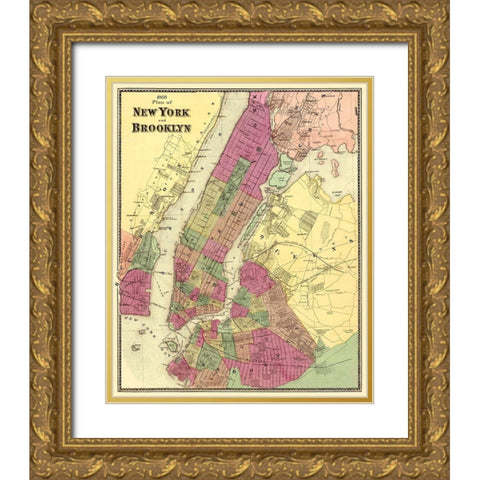 New York, Brooklyn New York - Beers 1868 Gold Ornate Wood Framed Art Print with Double Matting by Beers