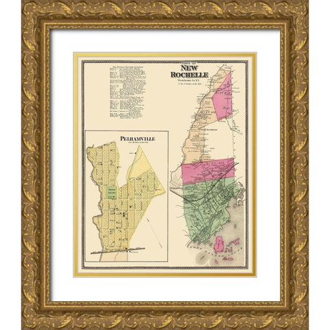 New Rochelle, Pelhamville New York Landowner Gold Ornate Wood Framed Art Print with Double Matting by Beers