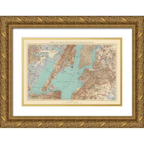 Jersey City, Hoboken, New York Bay New Jersey Gold Ornate Wood Framed Art Print with Double Matting by Bien