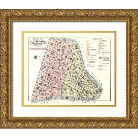 New York, Manhattan New York - 1916 Gold Ornate Wood Framed Art Print with Double Matting by Unknown