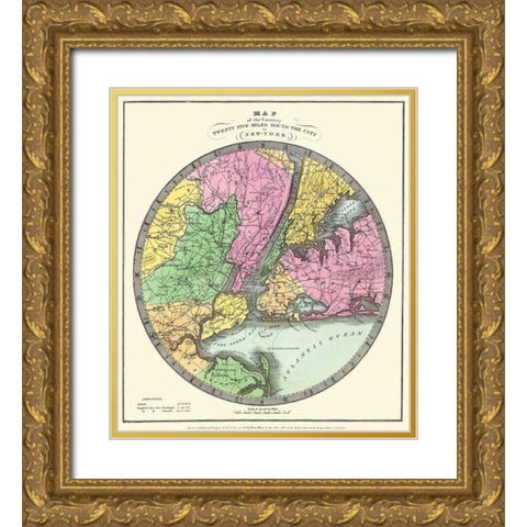 New York City, 25 Miles Around the City New York Gold Ornate Wood Framed Art Print with Double Matting by Illman
