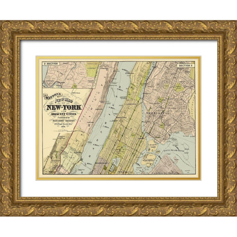 New York, Adjacent Cities New York - Watson 1891 Gold Ornate Wood Framed Art Print with Double Matting by Watson