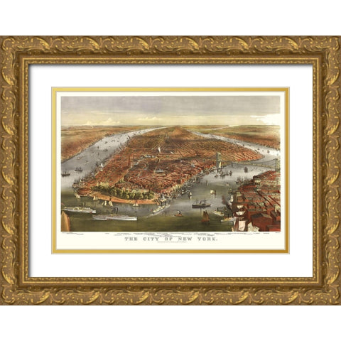 New York - Ives 1870  Gold Ornate Wood Framed Art Print with Double Matting by Ives