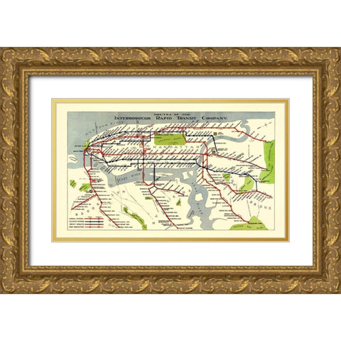 New York City IRT Routes - 1924 Gold Ornate Wood Framed Art Print with Double Matting by Unknown