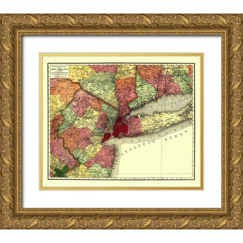 New York City Railroads - Rand McNally 1908 Gold Ornate Wood Framed Art Print with Double Matting by Rand McNally