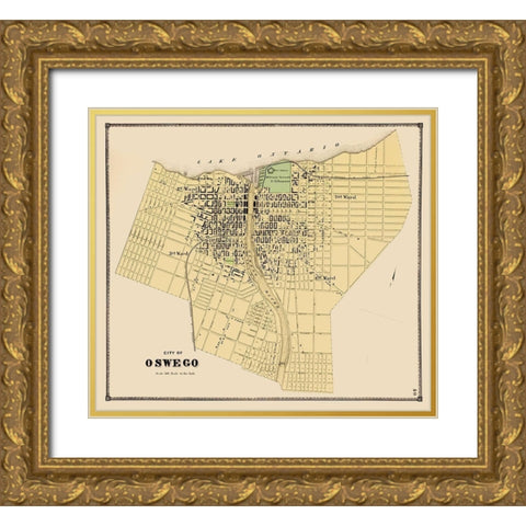Oswego New York Plat - Stone 1866 Gold Ornate Wood Framed Art Print with Double Matting by Stone