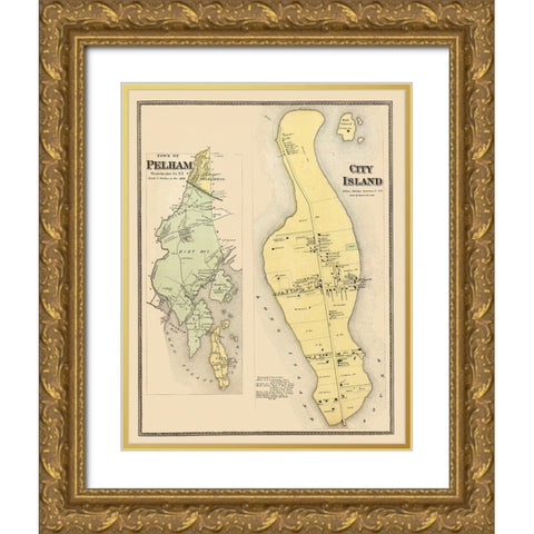 Pelham, City Island New York Landowner - Beers Gold Ornate Wood Framed Art Print with Double Matting by Beers