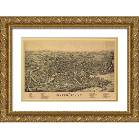 Plattsburgh New York - Burleigh 1899  Gold Ornate Wood Framed Art Print with Double Matting by Burleigh