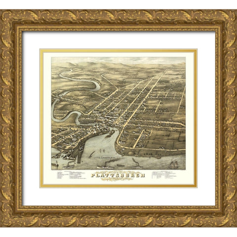 Plattsburgh New York - Stoner 1877  Gold Ornate Wood Framed Art Print with Double Matting by Stoner