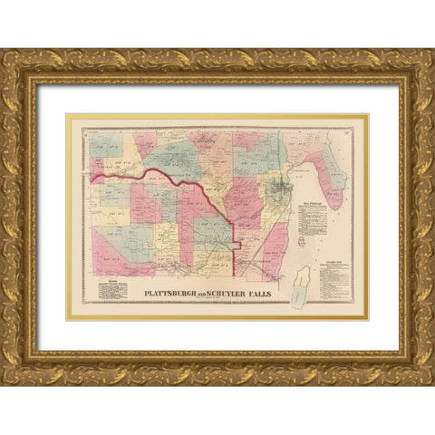 Plattsburgh, Schuyler Falls New York Landowner Gold Ornate Wood Framed Art Print with Double Matting by Beers