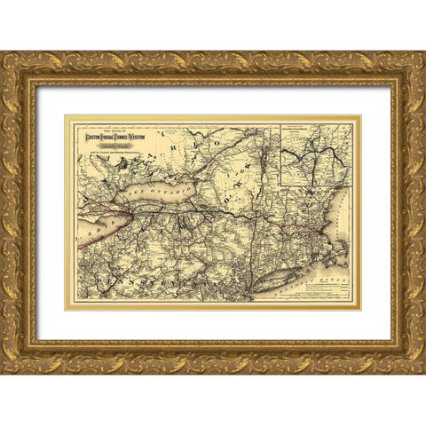 Boston, Hoosac Tunnel and Western Railway 1881 Gold Ornate Wood Framed Art Print with Double Matting by Colton