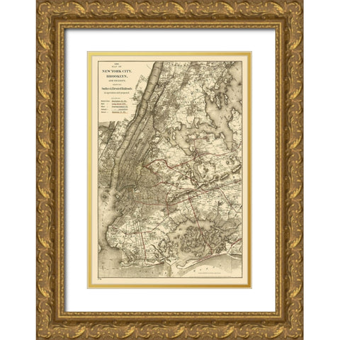 New York City, Brooklyn Elevated Railroad 1885 Gold Ornate Wood Framed Art Print with Double Matting by Colton