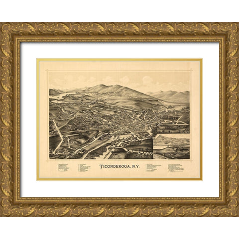 Ticonderoga New York - Burleigh 1891  Gold Ornate Wood Framed Art Print with Double Matting by Adkins
