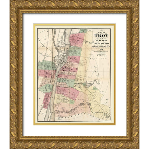 Troy New York - Walling 1874  Gold Ornate Wood Framed Art Print with Double Matting by Walling