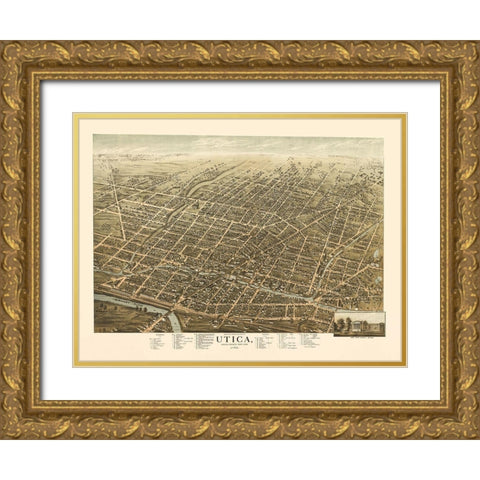 Utica New York - Brosius 1873 Gold Ornate Wood Framed Art Print with Double Matting by Brosius