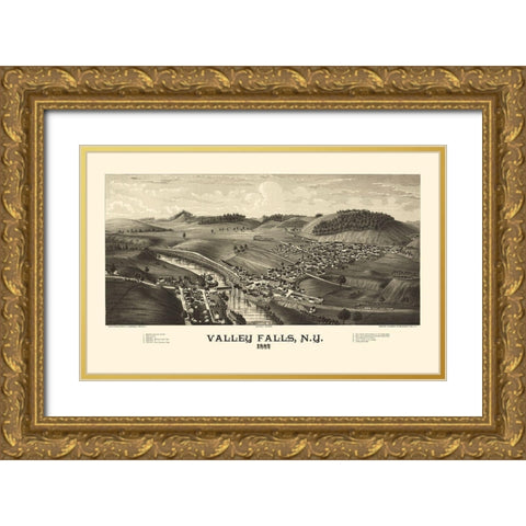 Valley Falls New York - Burleigh 1887  Gold Ornate Wood Framed Art Print with Double Matting by Burleigh