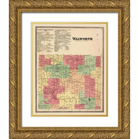 Walworth New York Landowner - Beers 1874 Gold Ornate Wood Framed Art Print with Double Matting by Beers