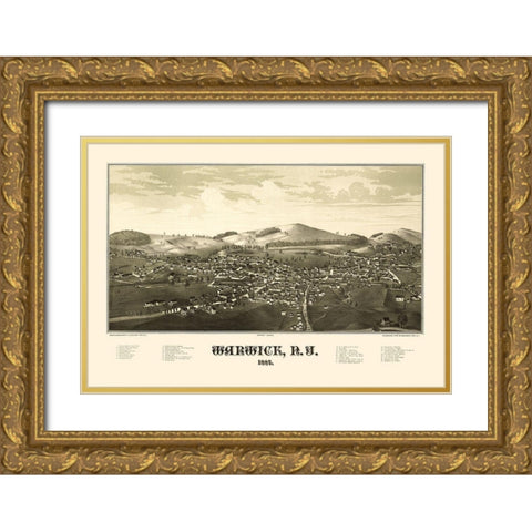Warwick New York - Burleigh 1887  Gold Ornate Wood Framed Art Print with Double Matting by Burleigh