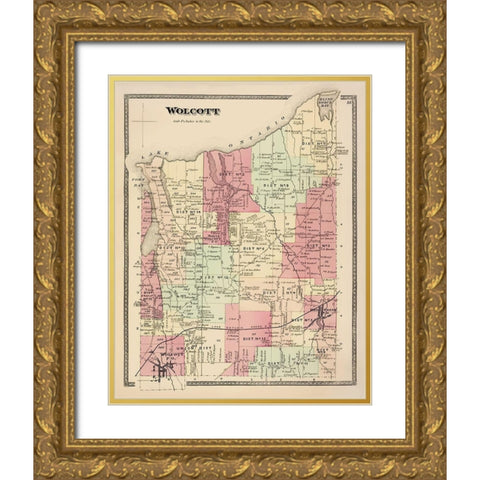 Wolcott New York Landowner - Beers 1874 Gold Ornate Wood Framed Art Print with Double Matting by Beers