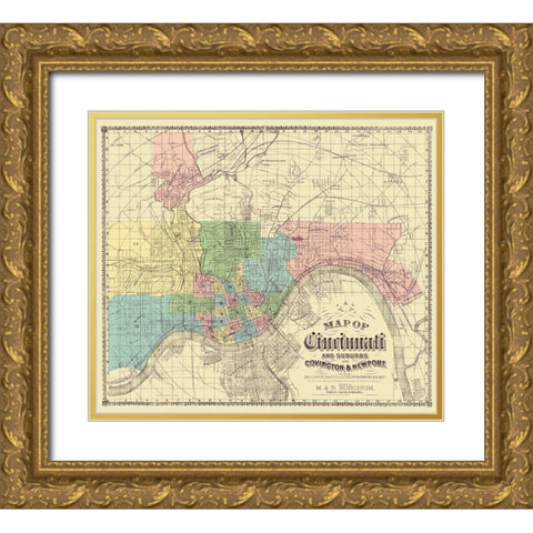 Cincinnati, Suburbs Ohio - Burgheim 1870 Gold Ornate Wood Framed Art Print with Double Matting by Burgheim