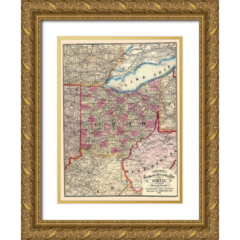 Ohio Railroads and Townships - Cram 1875 Gold Ornate Wood Framed Art Print with Double Matting by Cram
