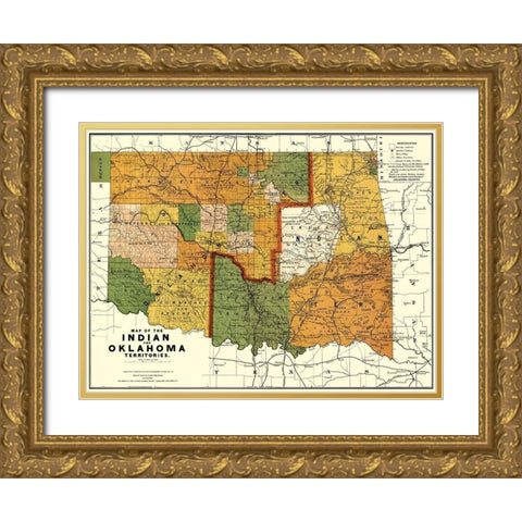 Oklahoma Indian Territory - Rand McNally 1892 Gold Ornate Wood Framed Art Print with Double Matting by Rand McNally