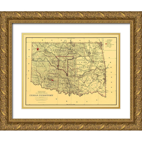 Oklahoma Indian Territory - Bien 1887 Gold Ornate Wood Framed Art Print with Double Matting by Bien