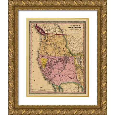 Oregon, Upper California - 1845 Gold Ornate Wood Framed Art Print with Double Matting by Mitchell