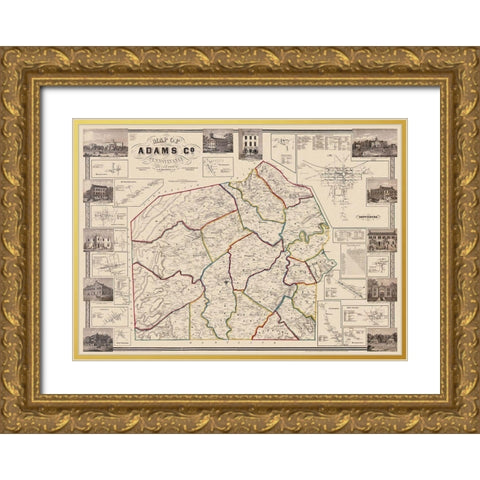Adams Pennsylvania Landowner - Hopkins 1857 Gold Ornate Wood Framed Art Print with Double Matting by Hopkins