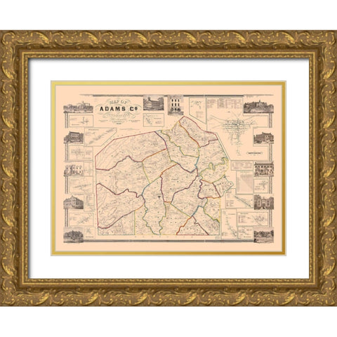 Adams County Pennsylvania - Hopkins 1858 Gold Ornate Wood Framed Art Print with Double Matting by Hopkins
